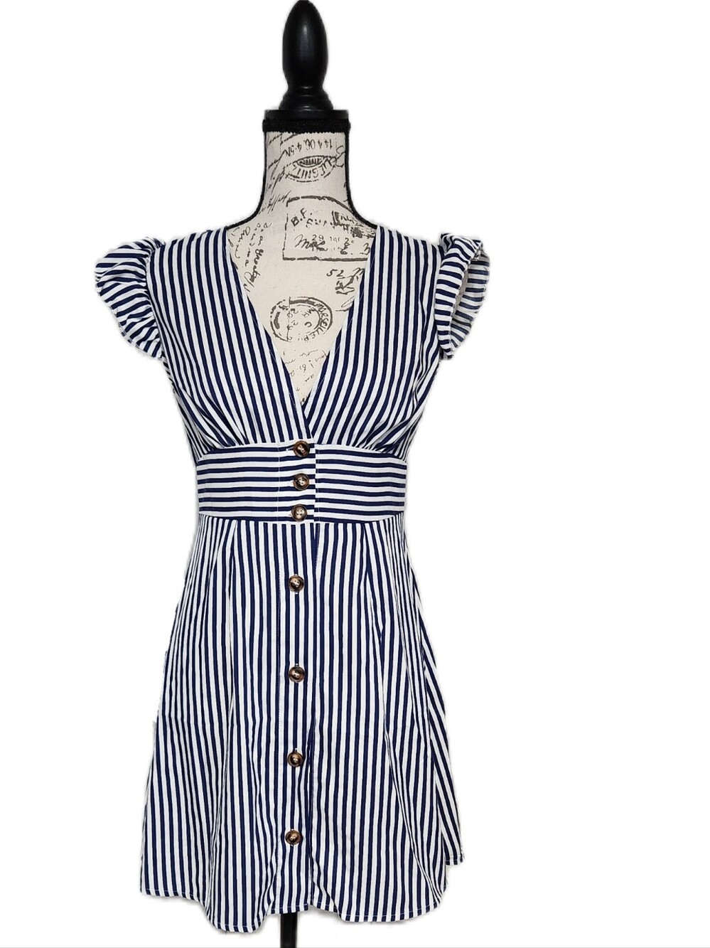 SHEIN Navy and White Vertical Striped Flutter Sleeve Fit & Flare Mini Dress XS
